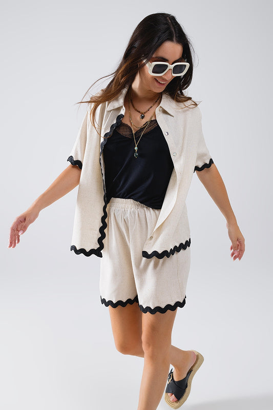 Q2 Camisa de Lino con Festón en Contraste Beige