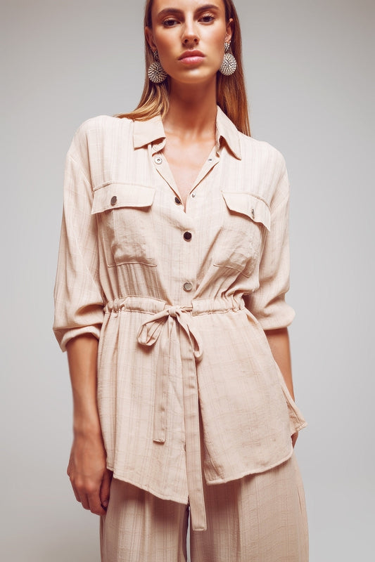 Q2 Camisa de manga larga con cintura lazada en beige
