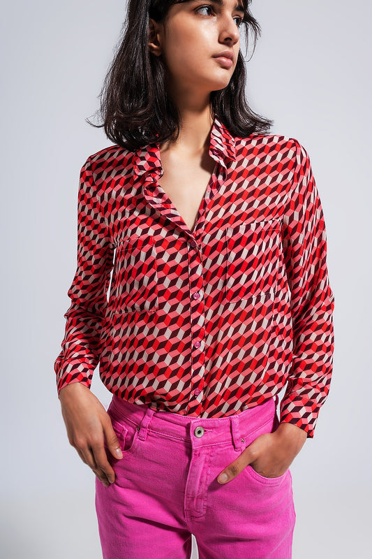 Q2 Camisa de manga larga con estampado geométrico y cuello de solapas