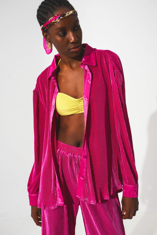Q2 Camisa de saten plisada en fucsia