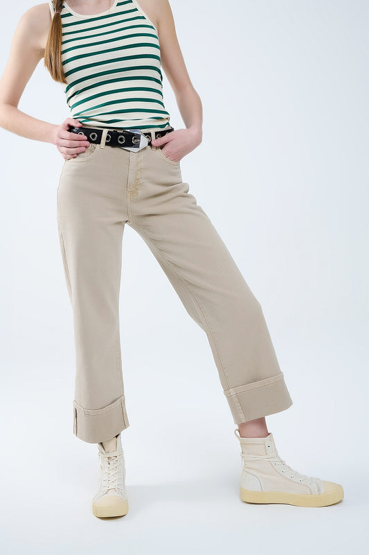 Q2 Pantalón en beige recto con bajo tobillero