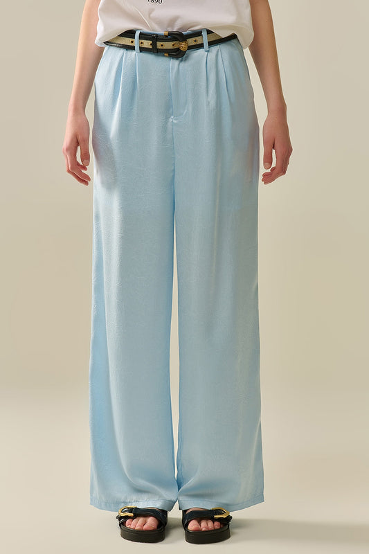 Q2 Pantalones de satén a medida con pierna ancha en azul bebé