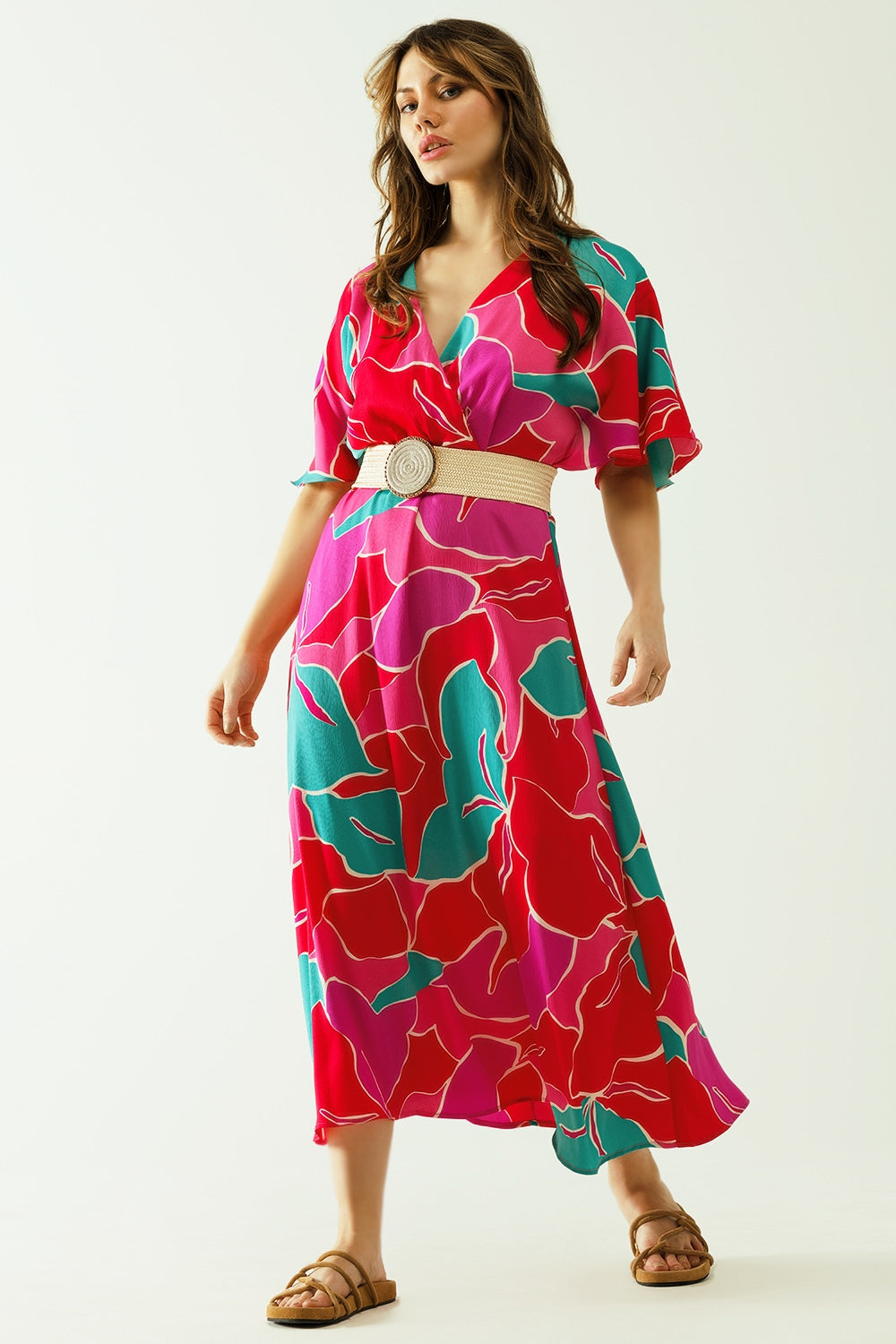 Q2 Vestido holgado de manga corta con motivos florales