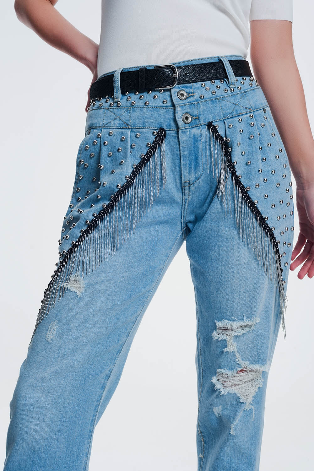 Q2 vintage vaqueros anchos con tachuelas y cadenas