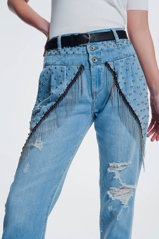 Q2 vintage vaqueros anchos con tachuelas y cadenas
